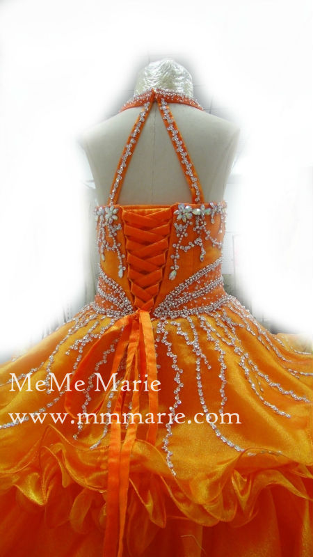 床長さのフラワーガールのドレスオレンジパーティードレス女の子のページェントuf-1099fストーンつきワンピース問屋・仕入れ・卸・卸売り