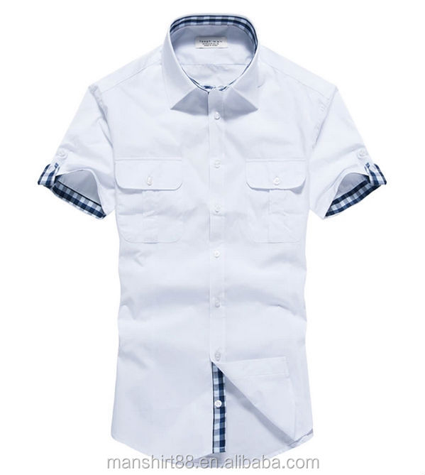 2014 new style 100% organic cotton pure white two pockets roll up short sleeve mens shirts問屋・仕入れ・卸・卸売り