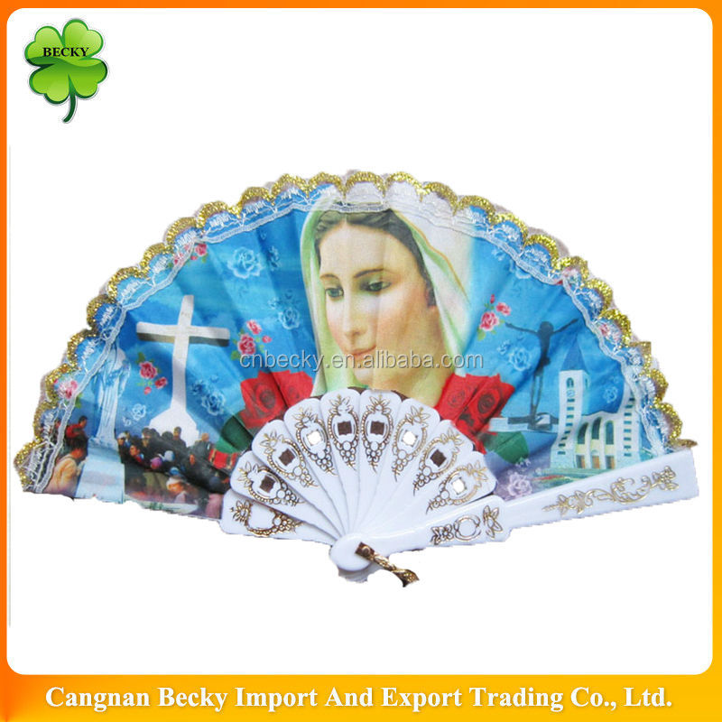 宗教的な高品質のカラフルな聖母マリア美しい手扇子プラスチック仕入れ・メーカー・工場
