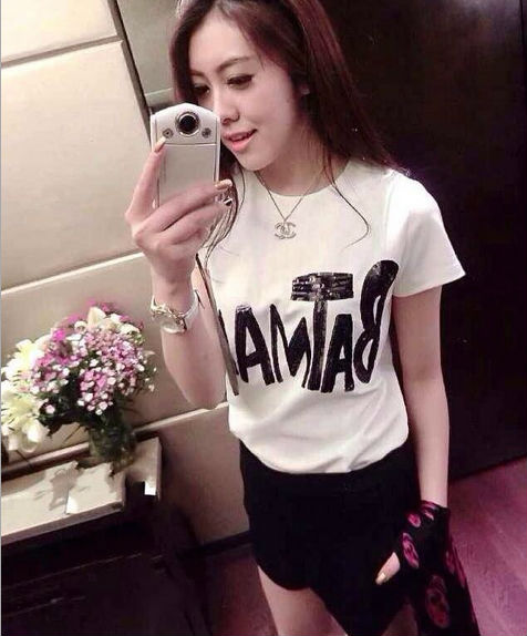 新しい熱い販売2014年fanshion設計paillette付きtシャツ手紙ビンテージ女性のショートパンツの女性tシャツ中国問屋・仕入れ・卸・卸売り