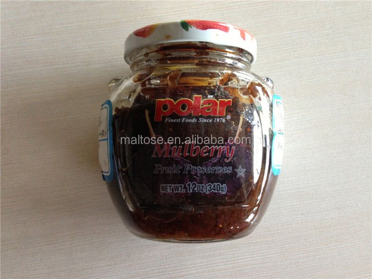 canned glass jar mulberry jam/ mulberry syrup with pulp