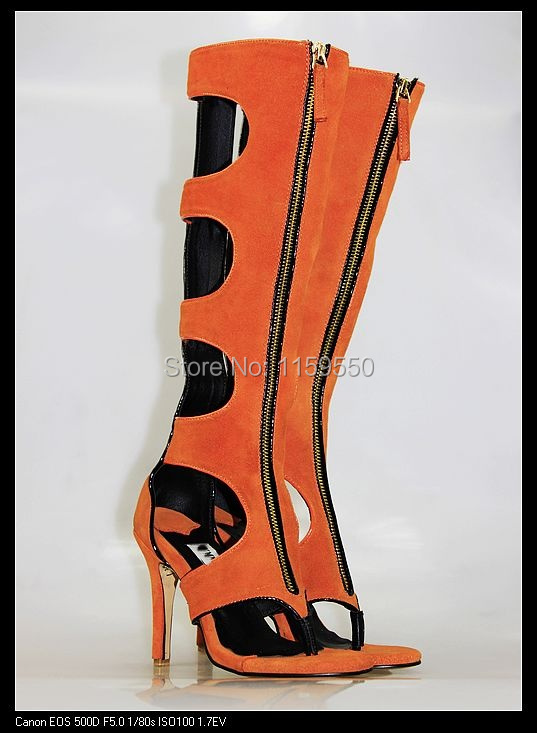 Toe Knee High Gladiator Sandals Women High Heel Cut outs Boots Orange ...