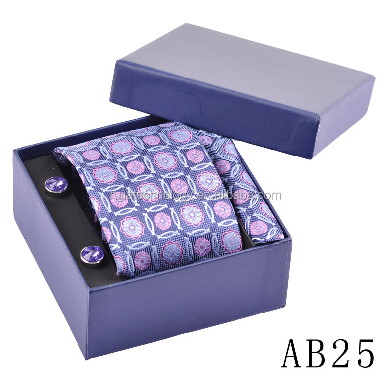 紫色の花柄の男性のネクタイ100％シルクネクタイカフスボタンとハンカチ付き収納ボックス仕入れ・メーカー・工場