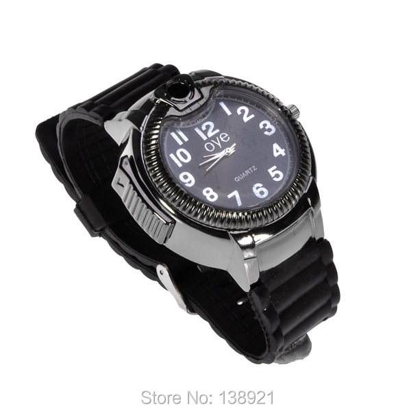 Novelty 2-in-1 Butane Silica Strap Quartz Wrist Watch Gas Refillable Butane Cigarette Lighter Torch Men\\\'s Christmas Birthday Gift-Black (1)