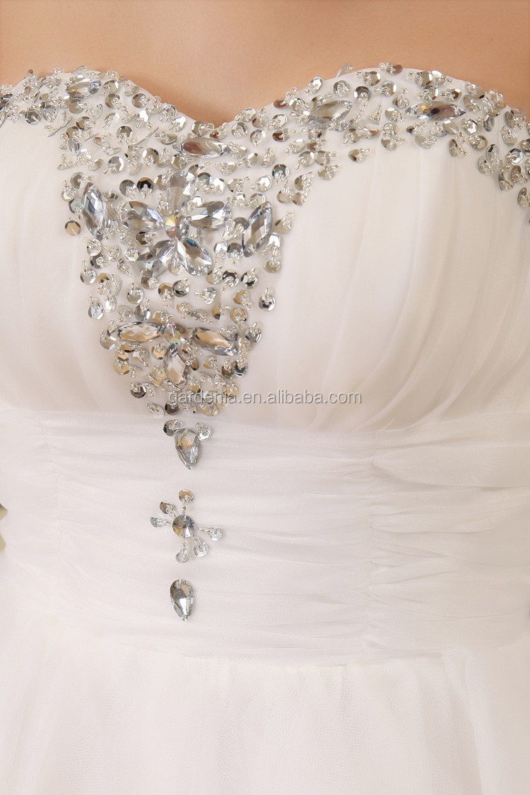 2014ベストセラーシフォンストラップレスの膝の長さの夜会服の花嫁介添人ドレスウェディングドレスのための結晶アップリケ問屋・仕入れ・卸・卸売り