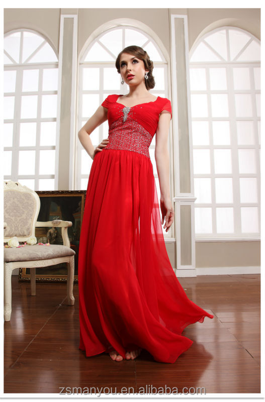 袖付き2014エレガントなシフォンビーズ赤いロングイブニングドレス問屋・仕入れ・卸・卸売り