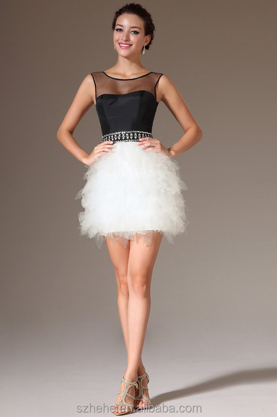 jm。 魅力的な黒いbridalscy2346上記の膝のチュールと白2014年ビーズカクテルドレス問屋・仕入れ・卸・卸売り