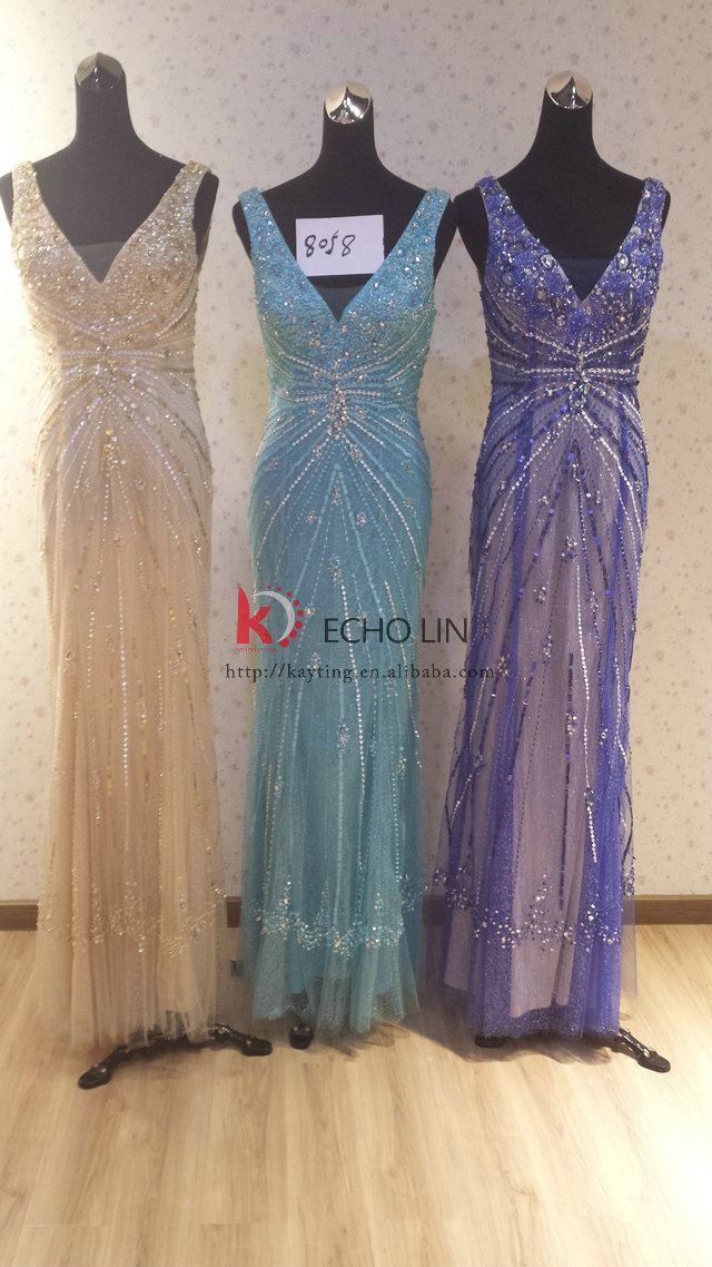 華やかな流れのパターンv- ネックセクシービーズ人魚promドレス問屋・仕入れ・卸・卸売り