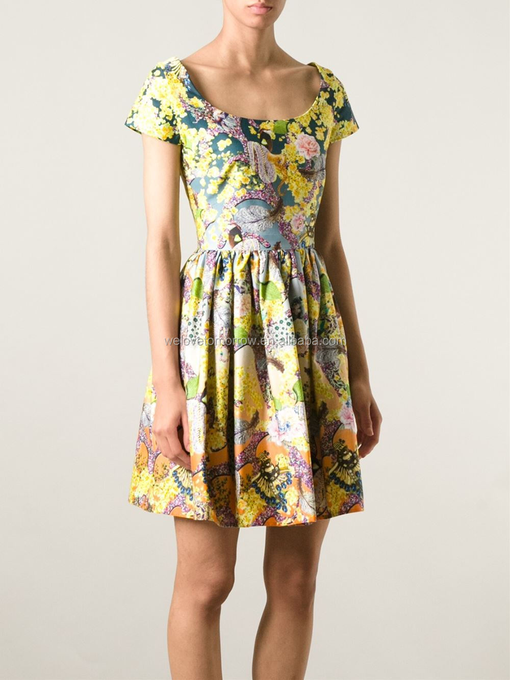Celebrity Ladies Daily Dresses Multicolored Flower Printing U Neckline