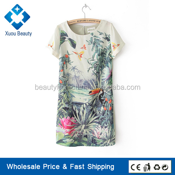 ファッションの女性が着用する鳥ビンテージ花の印刷されたo- ネックスリムドレス問屋・仕入れ・卸・卸売り