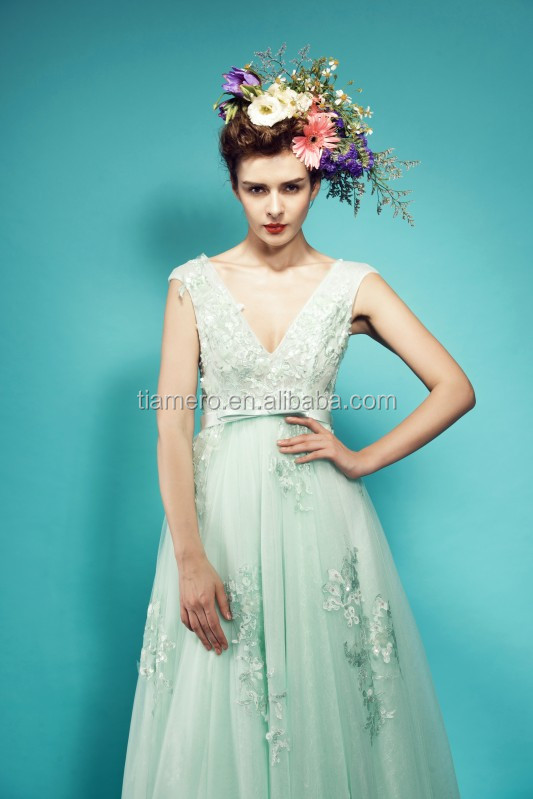 ディープv- 首の最新のイブニングドレスのパターン2014年/長いイブニングガウン緑design/妊娠中花嫁衣装/実像広州問屋・仕入れ・卸・卸売り