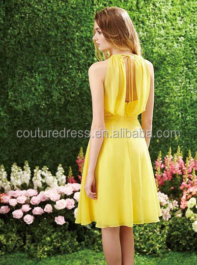 卸売安いフリーoネックオープンバックの包帯ドレス短い黄色のシフォンフリルのボトムのライン花嫁介添人ドレス2014年br-035問屋・仕入れ・卸・卸売り