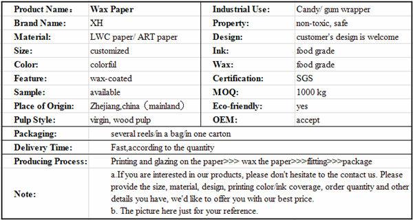 Printing factory direct sale custom wax paper for chewing gum