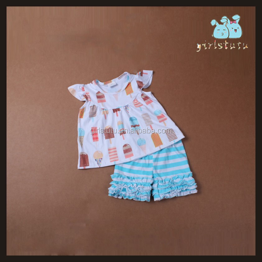 2016ブティック女の子扮卸売2ピース子供コットン服フラッタースリーブトップとフリルショーツ仕入れ・メーカー・工場
