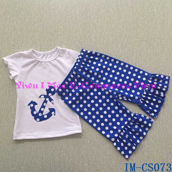 中国安価なフリルの服卸売かわいい赤ちゃん女の子ブルードットの綿カプリパンツim-cp002ある一つの大きなフリル仕入れ・メーカー・工場