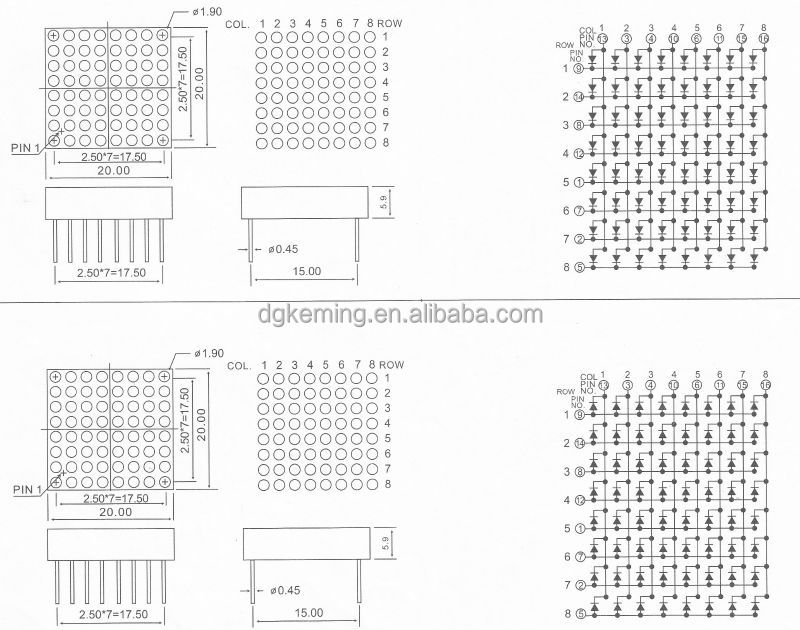 20x20mm matrix 1.9mm dots 8x8 array red color led dot matrix led display