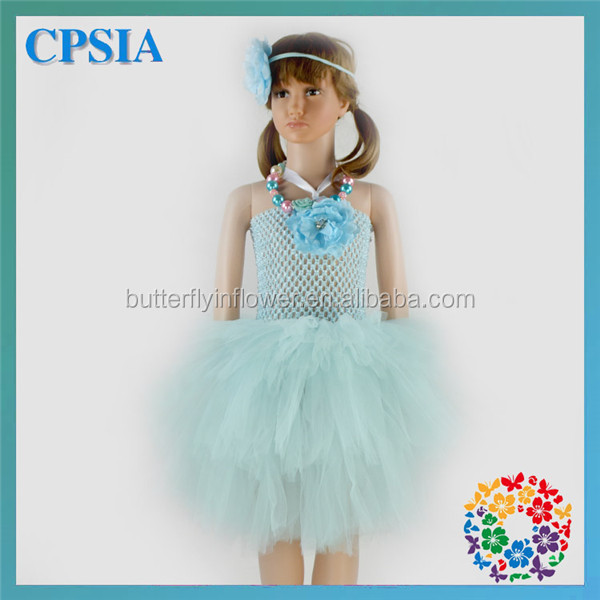 Aqua Tulle Fluffy 3 layers New Model Girl Dress & Necklace & Flower Set New Stylish Flower Girl Dress Of 9 Years Old仕入れ・メーカー・工場