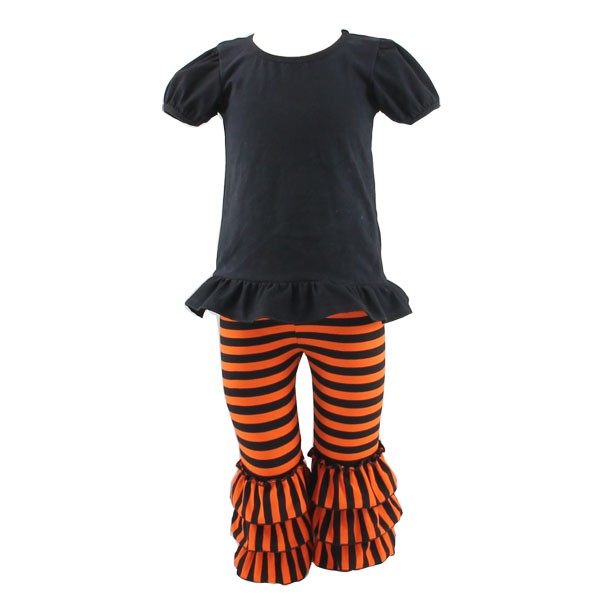 2016新しい半袖ハロウィン服黒フリルシャツオレンジストライプのパンツ卸売安いハロウィン衣装女の子のため仕入れ・メーカー・工場