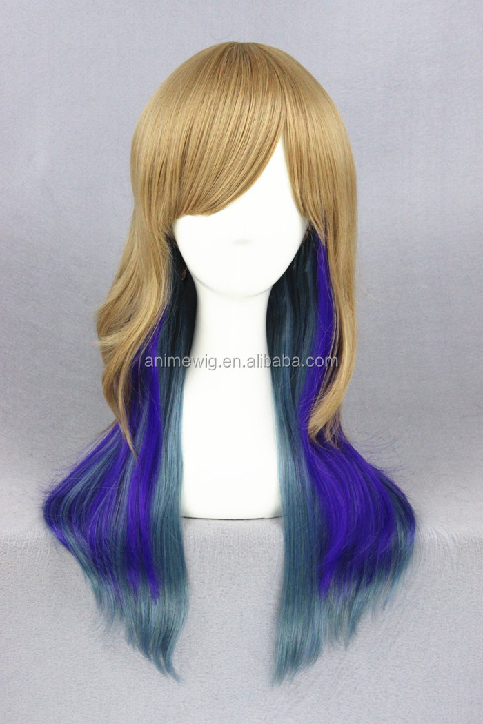 Medium 60cm Long Ombre Blonde Blue Grey 3 Tone Mixed Natural Wave