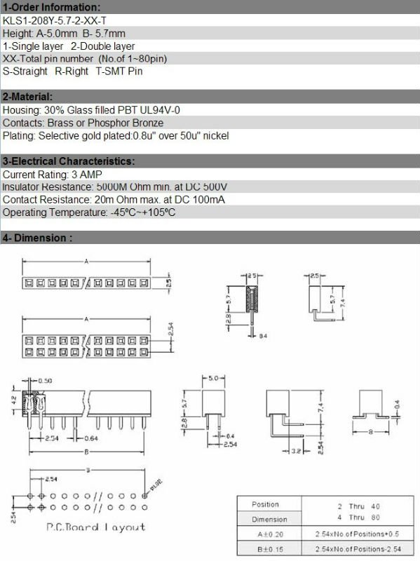 高さ5.0ミリメートルピッチ2.54mm5.7ミリメートル雌ヘッダコネクタ23456781012141620304050607080ピン、 ul、 cerohs指令kls1-208y仕入れ・メーカー・工場