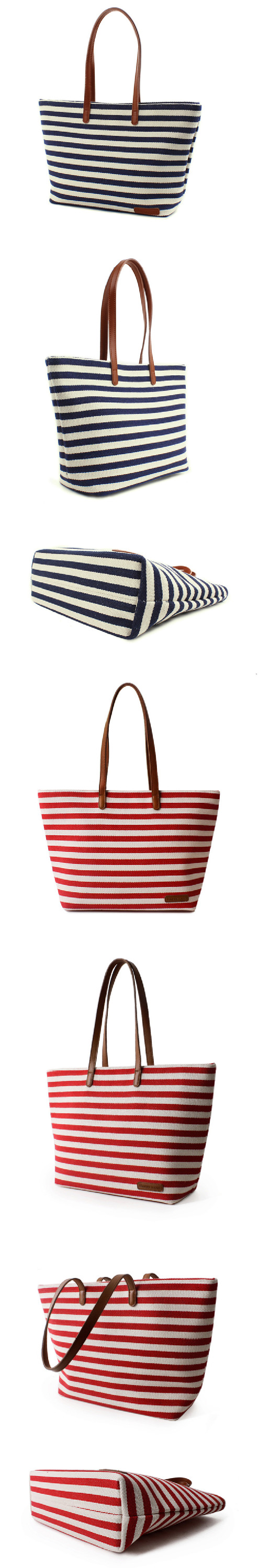 stripe canvas handbags/ promotional canvas beach tote bags/ canvas shopping bag with pu leather handle