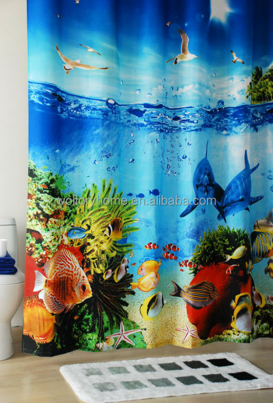 幻想的な深い海ホット転写印刷デジタルフォトシャワーカーテン、 中国メーカーのファブリックの浴室のシャワーカーテン問屋・仕入れ・卸・卸売り