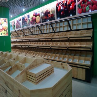 木材のスーパーマーケットの果物野菜ディスプレイラック仕入れ・メーカー・工場