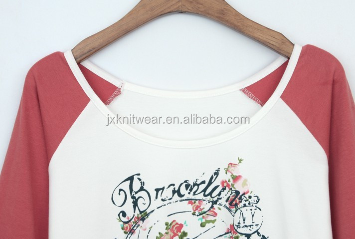 レディース`2014年コントラストカラーラグランスリーブクルーネックカラフルなプリント付きtシャツ問屋・仕入れ・卸・卸売り