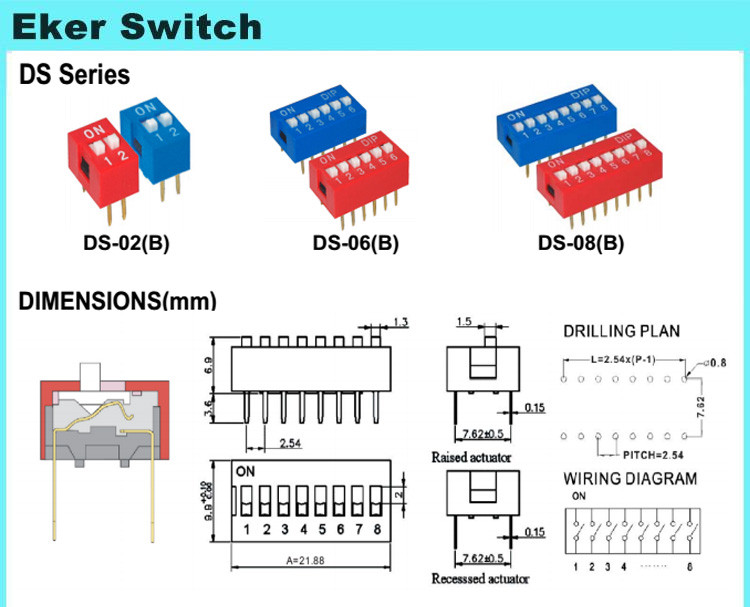 SPST 2.54mm pitch dial switch 3 position key 6P 6 pin dip switch