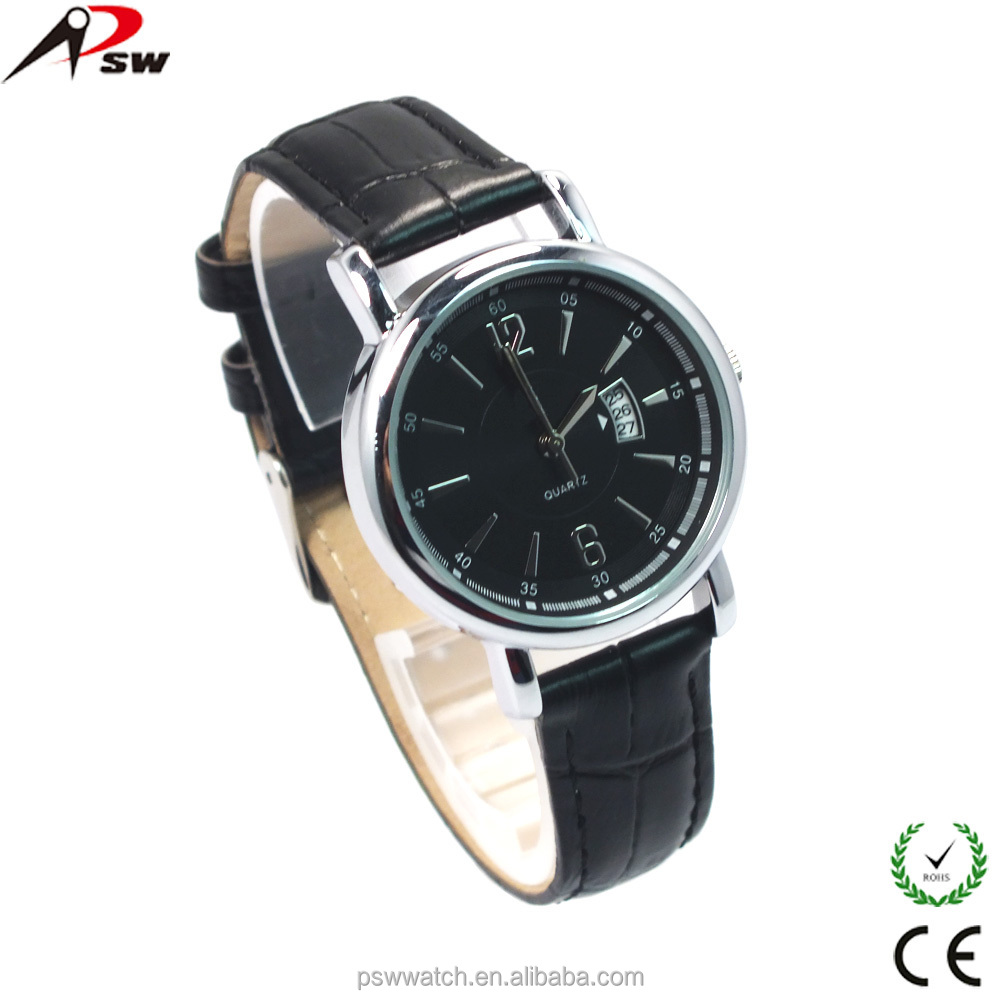 Man watch 2015 black genuine leather watch with calendar