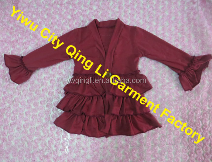 ブティックの子供マスタードパイ赤ちゃんの女の子の秋の服卸売ワイン赤長袖ボタン付きフリルニット綿のカーディガン問屋・仕入れ・卸・卸売り