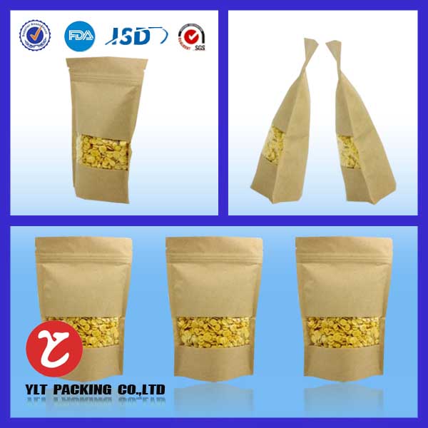 Custom made Stand up Sack Kraft Paper Bags/Doypack Kraft Paper Bag with window/Craft Paper Bags for snadwiches