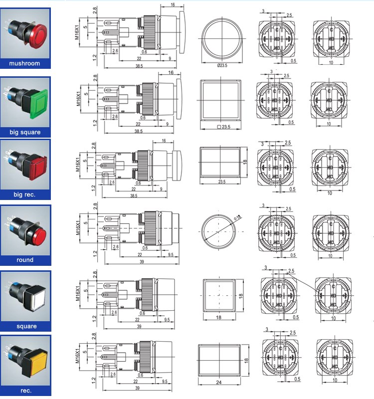 16mm Double Pole Rectangle Electrical Push Button Switch Buy