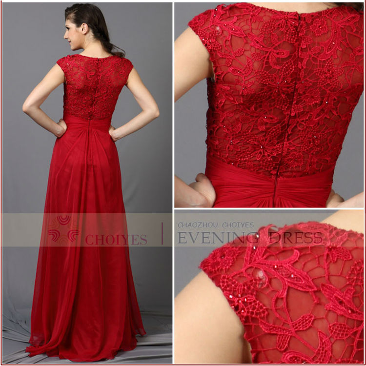 V , cou Sexy formelle perlée longue rouge dentelle robe de soirée