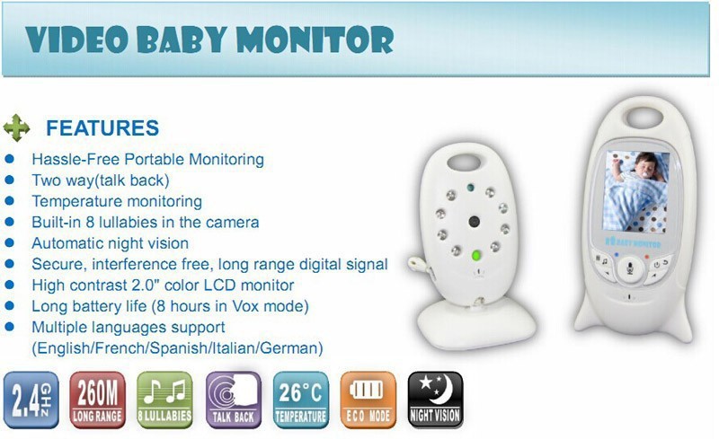 Hot-selling 2.4G/2.0inch LCD baby monitor baba eletronica video babysitter Nightvision/IR LED/Temperature monitor/2way talk