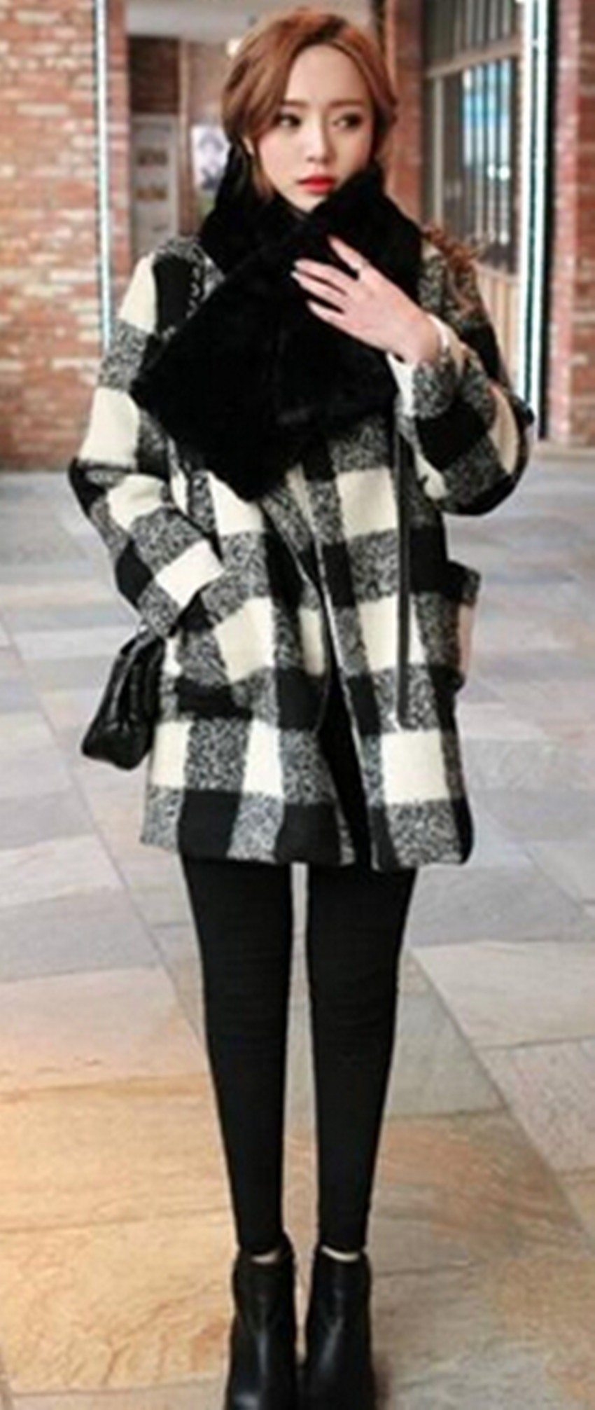 New Women Vintage Plaid Lapel Wool Blends Long Trench Casual Jacket