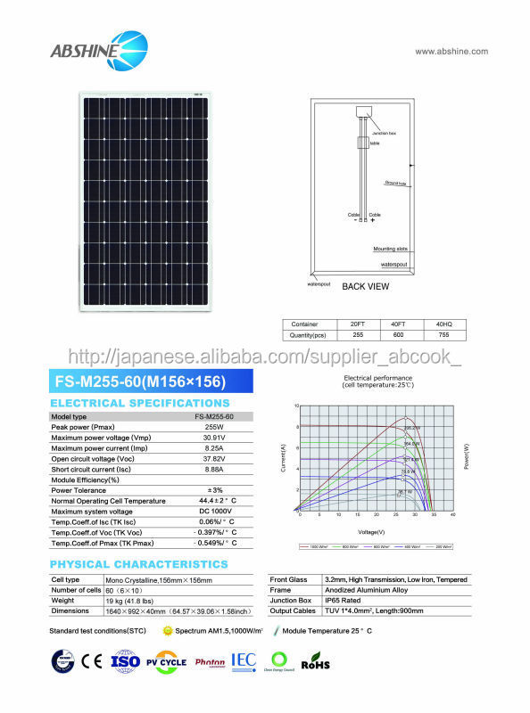 高効率と良い価格255Wモノソーラーパネル太陽光発電システム用問屋・仕入れ・卸・卸売り