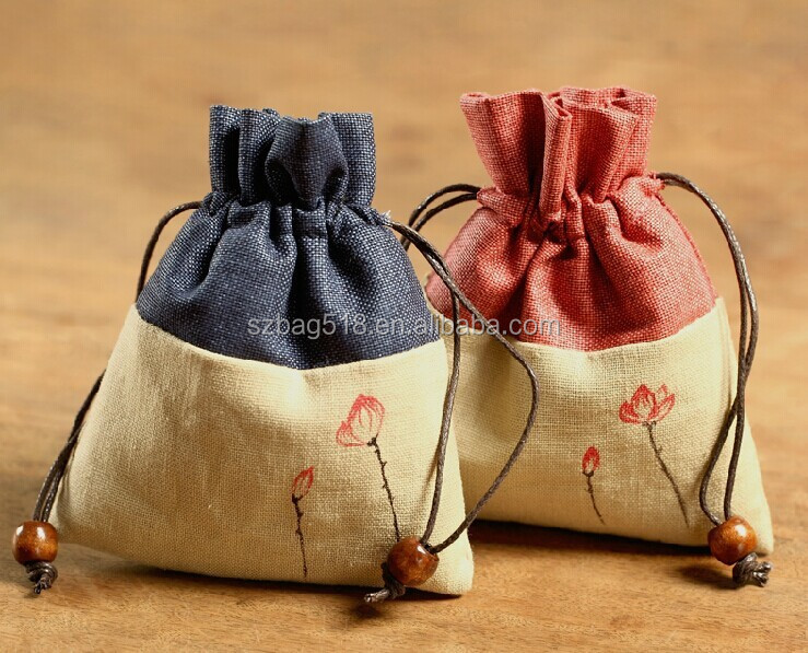 handmade tea cup holder / jute drawstring gift bag