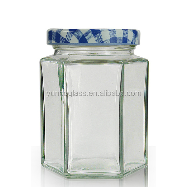 280ml Hexagonal Clear Glass Jar & 63mm Blue and White Gingham Twist Off Lid
