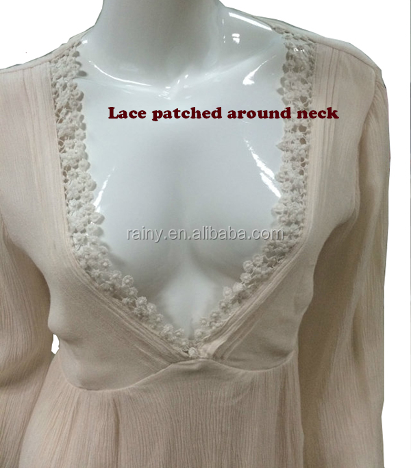 セクシーな女性の綿プリーツドレス、 深いv- ネックhollowd腰にレースパッチ仕入れ・メーカー・工場