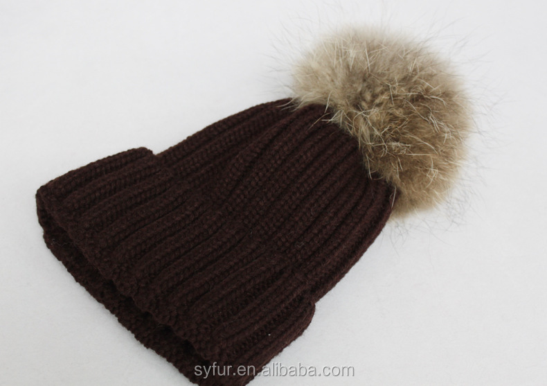 knitted sweater hats with raccoon fur pom pom and winter woolen