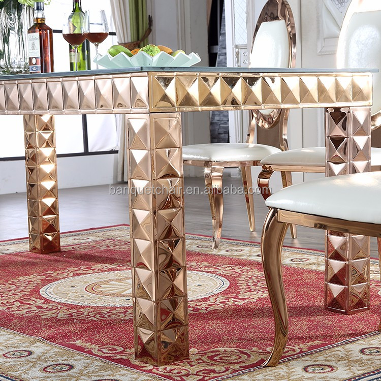 Luxury antique rectangle glass top dining table and chair set