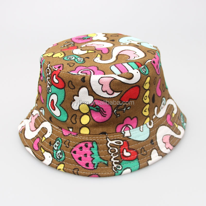 美しいピンクの花と蝶のベビーキャップスプリングiamge幼児のドレスのための印刷されたバケツの帽子問屋・仕入れ・卸・卸売り