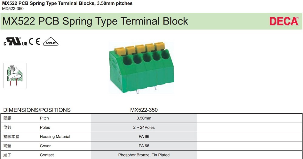 デカmxシリーズの端子台、 mx522-350、 3.50ピッチプリント基板用バネ端子台仕入れ・メーカー・工場