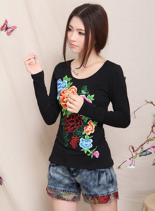 中国風の刺繍の花のt- シャツロング問屋・仕入れ・卸・卸売り
