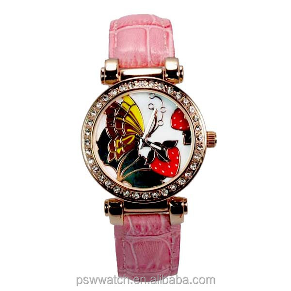 rose gold flower print dial Japan quartz lady watches fashion leather watch