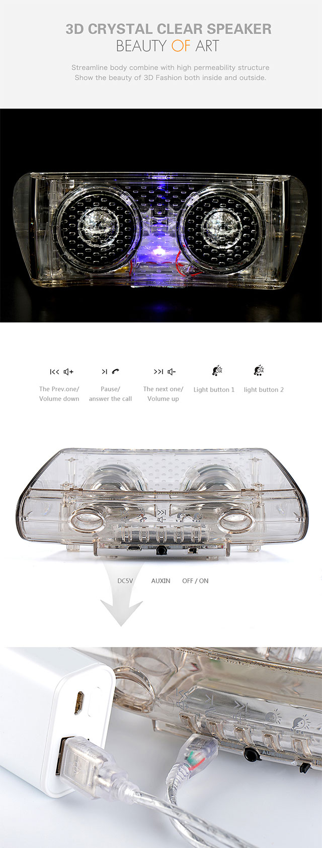 Crystal Led Light Handsfree Portable Wireless Bluetooth mini Speaker V3.0