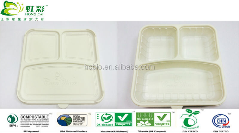 Corn starch 800ml 100% biodegradable disposable plastic lunch box with 3 compartments