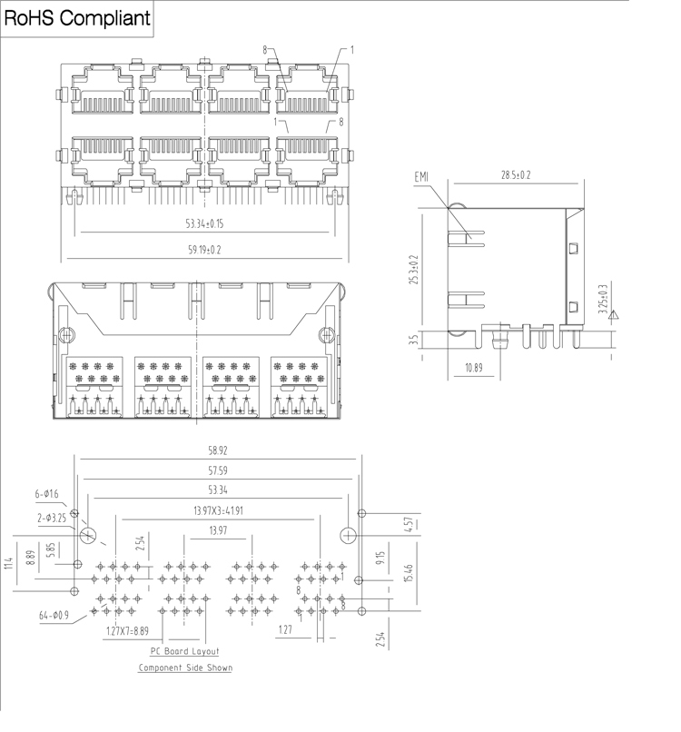 ダブルデッキ2x4の積み重ね8p8crj45モジュラージャックw/oemi指仕入れ・メーカー・工場