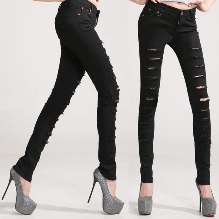 2014 Hot Fashion LadiesFemale Cotton Denim Ripped Punk Cut-out Women Black White Sexy Skinny pants Jeans Trousers WNJ002. (10)